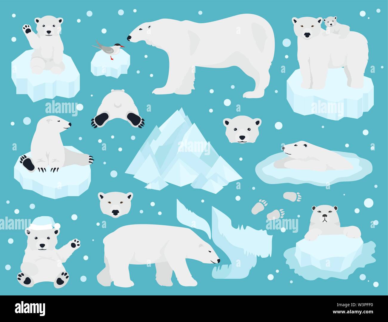 Polar bears set, teddy bear in Arctic. Vector illustration Stock Vector