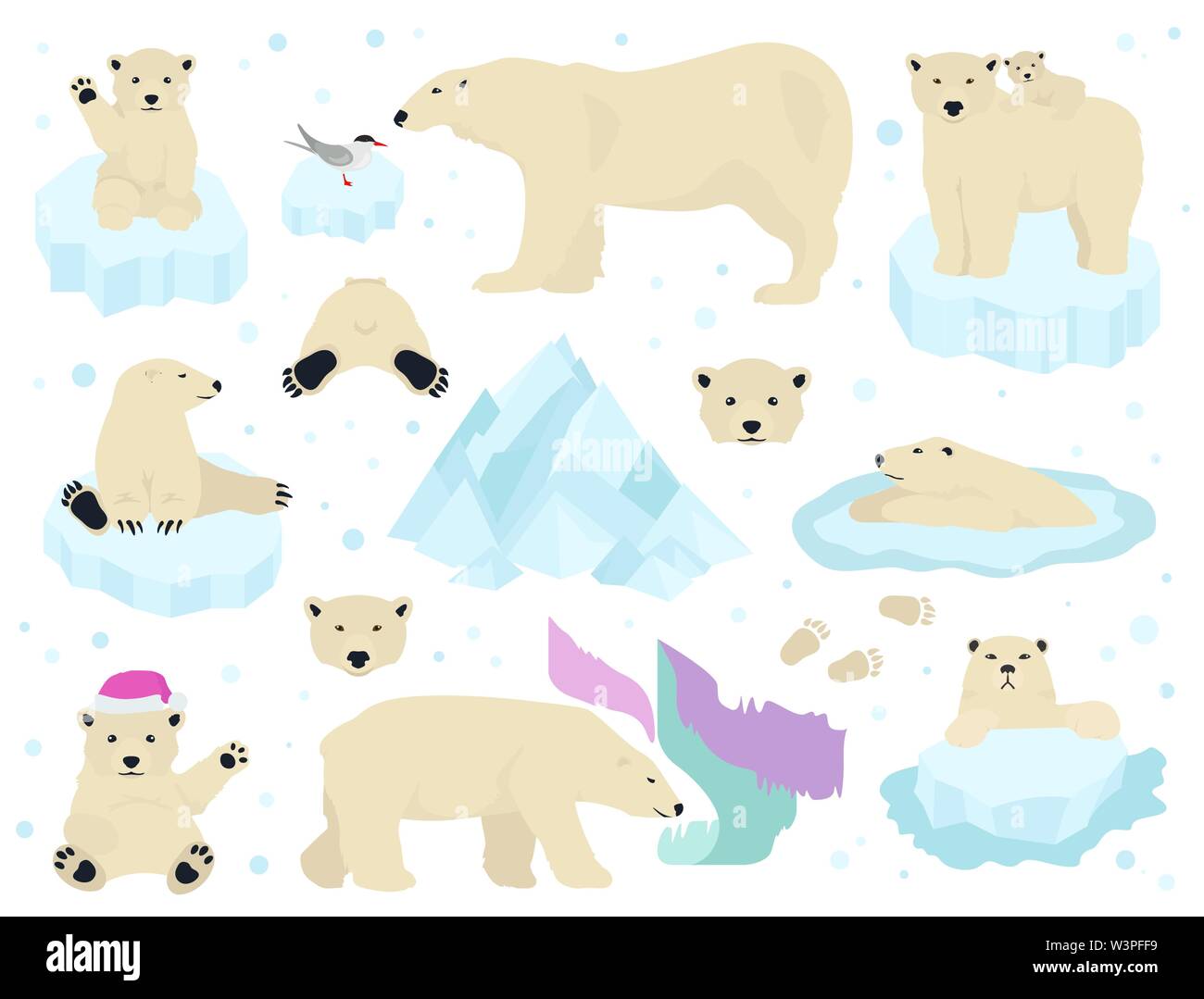 Polar bears set, teddy bear in Arctic. Vector illustration Stock Vector