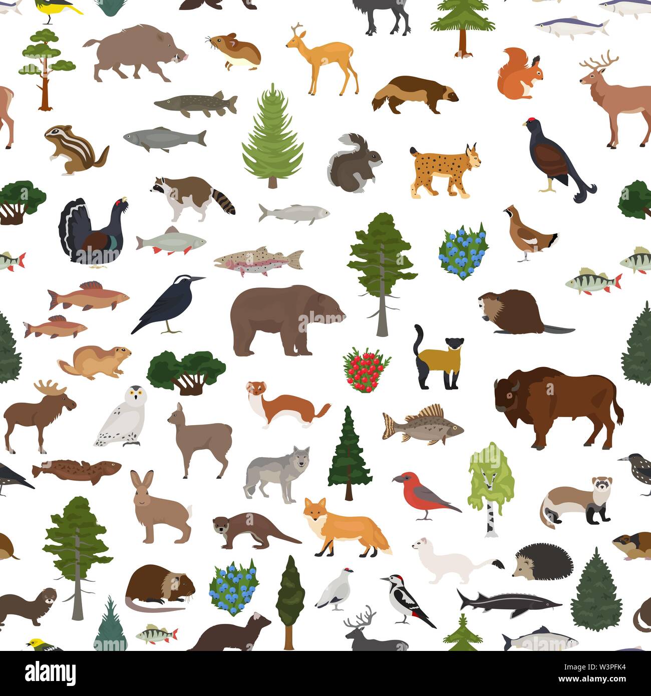 Taiga biome, boreal snow forest seamless pattern. Terrestrial ecosystem world map. Animals, birds, fish and plants design. Vector illustration Stock Vector