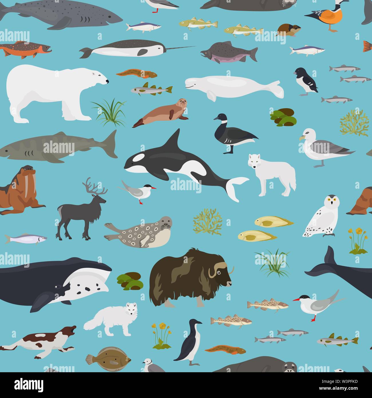 Ice sheet and polar desert biome. Terrestrial ecosystem world map. Arctic animals, birds, fish and plants seamless pattern design. Vector illustration Stock Vector