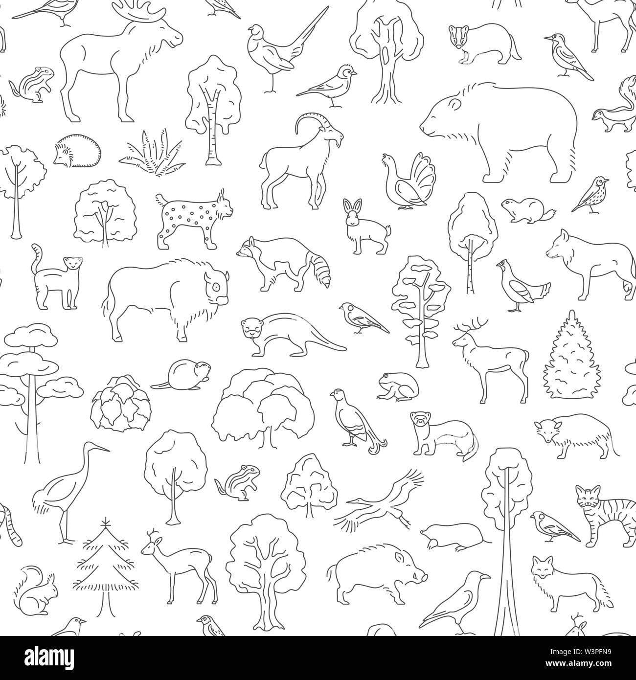Temperate broadleaf forest and mixed forest biome seamless pattern.Terrestrial ecosystem world map. Simple outline graphic design. Vector illustration Stock Vector