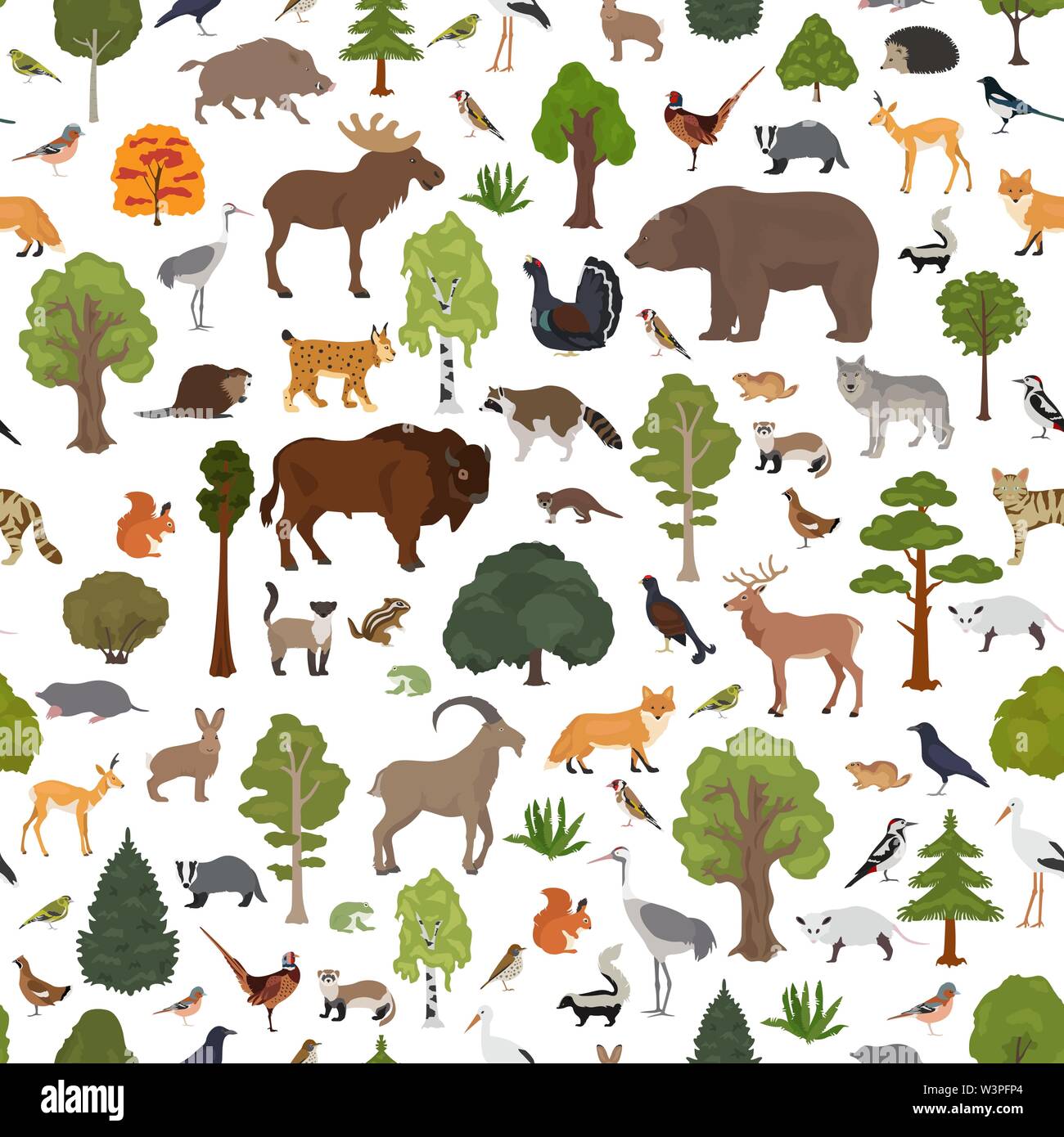 Temperate broadleaf forest and mixed forest biome seamless pattern.Terrestrial ecosystem world map. Animals, birds and plants graphic design. Vector i Stock Vector