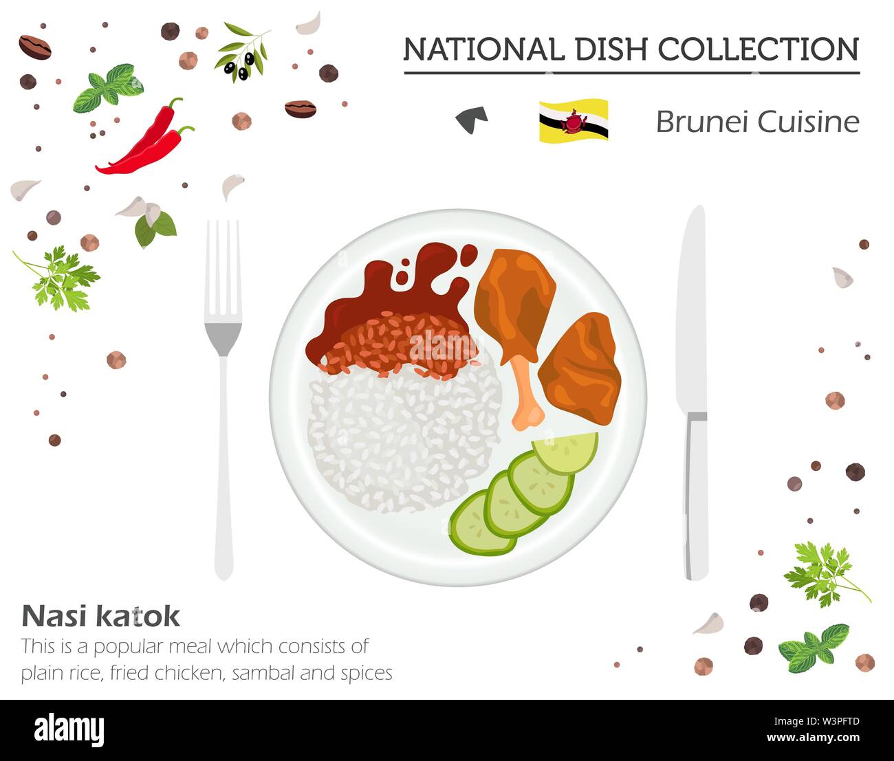 Brunei Cuisine. Asian national dish collection.  Nasi Katok isolated on white, infograpic. Vector illustration Stock Vector