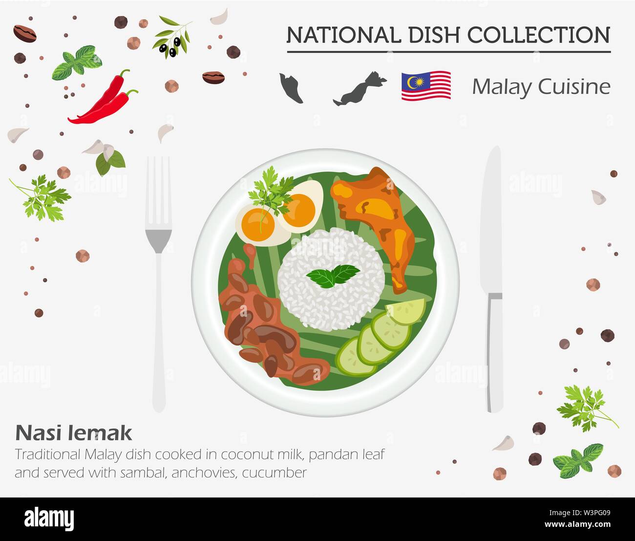 Malayan Cuisine. Asian national dish collection. Nasi lemak  isolated on white, infograpic. Vector illustration Stock Vector