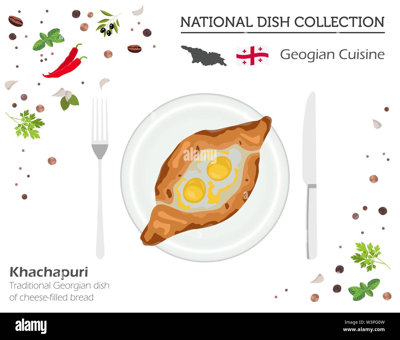 Georgian Cuisine. Asian national dish collection. Khachapuri isolated on white, infograpic. Vector illustration Stock Vector