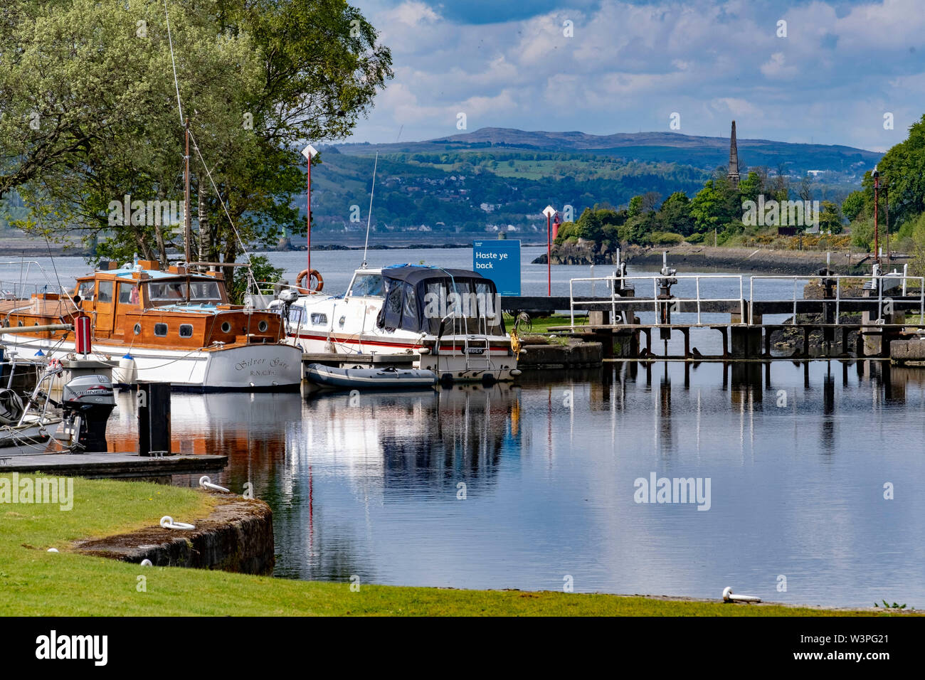 Boats and barges on the Forth and Clyde Canal. Stock Photo
