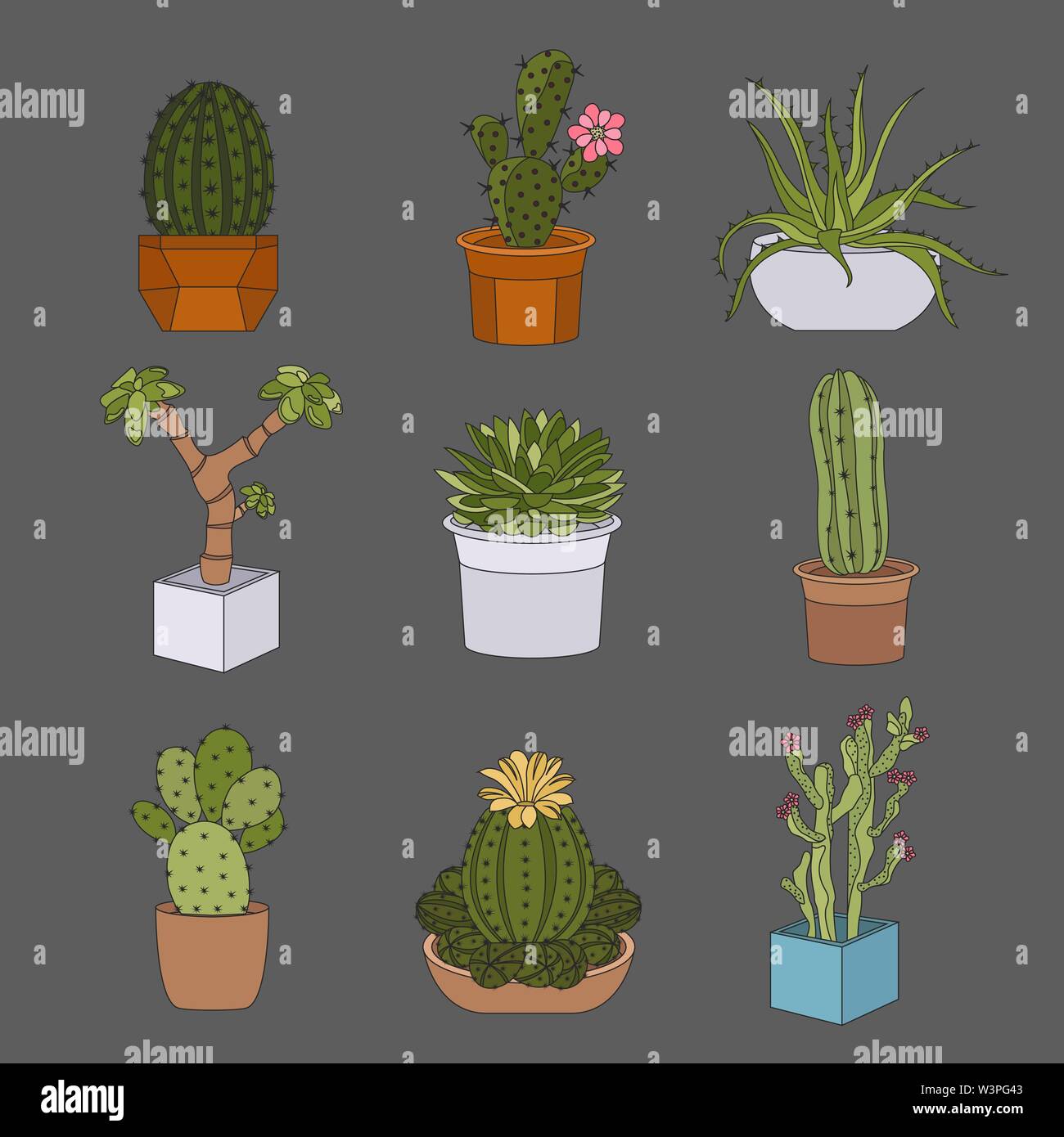 Cactuses and succulents icon set. Houseplants. Vector illustration Stock Vector