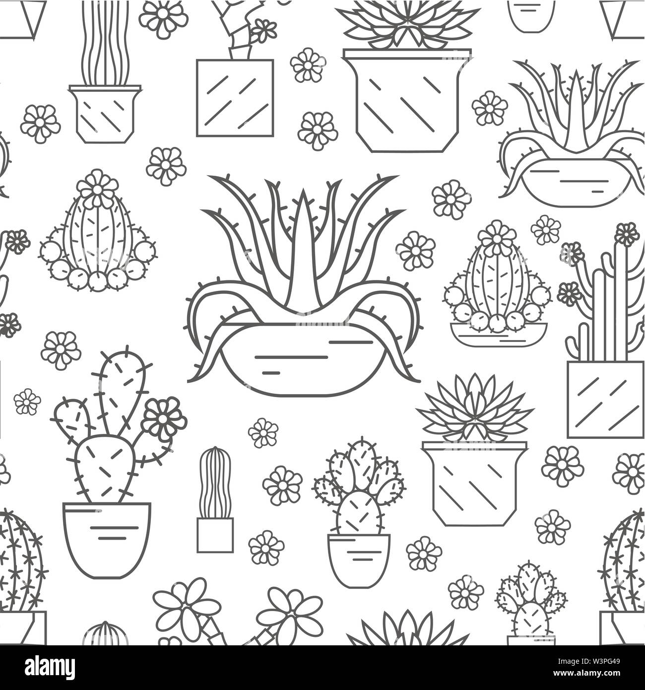 Cactuses and succulents seamless pattern. Thin line design. Houseplants. Vector illustration Stock Vector