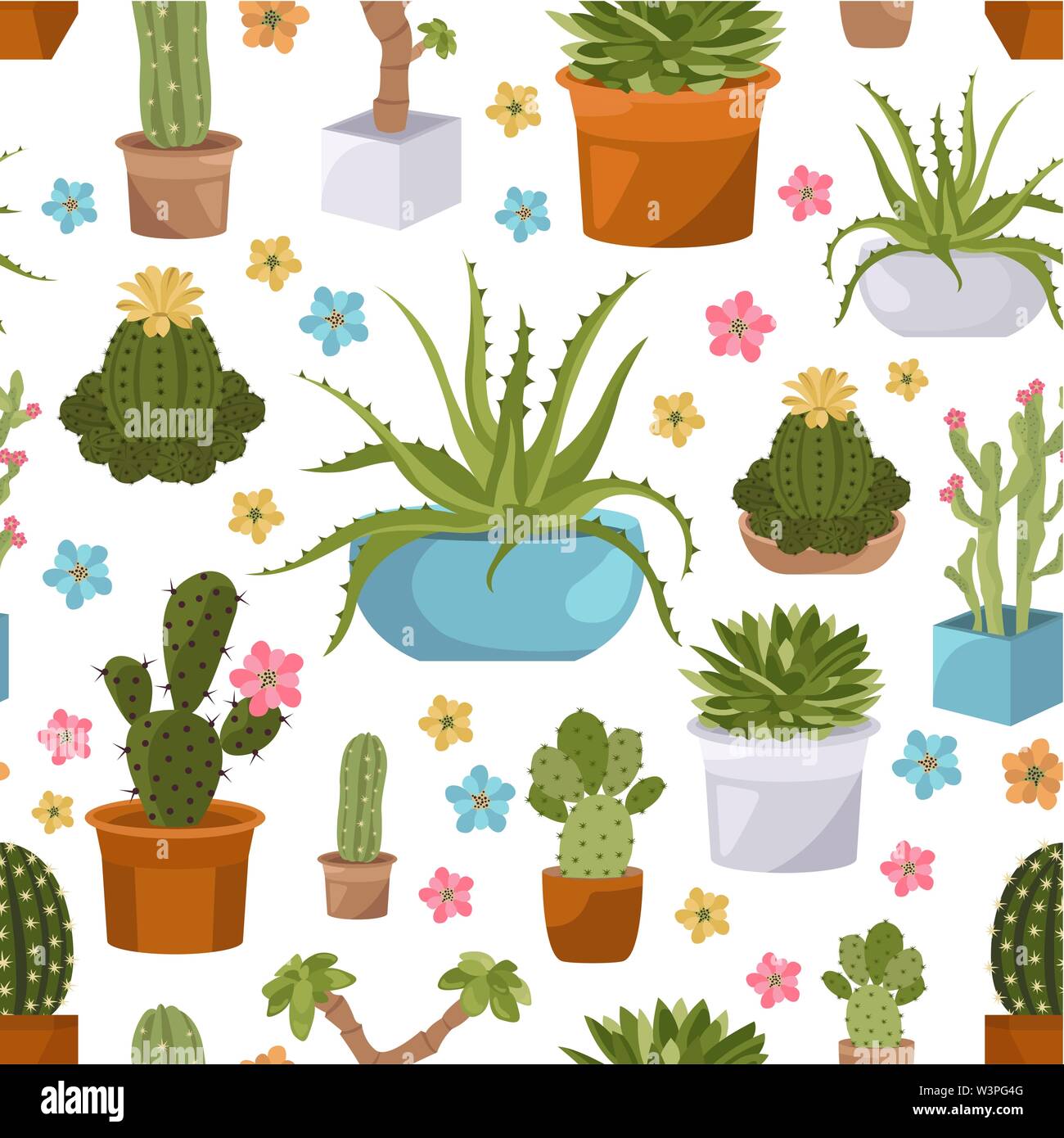 Cactuses and succulents seamless pattern. Houseplants. Vector illustration Stock Vector