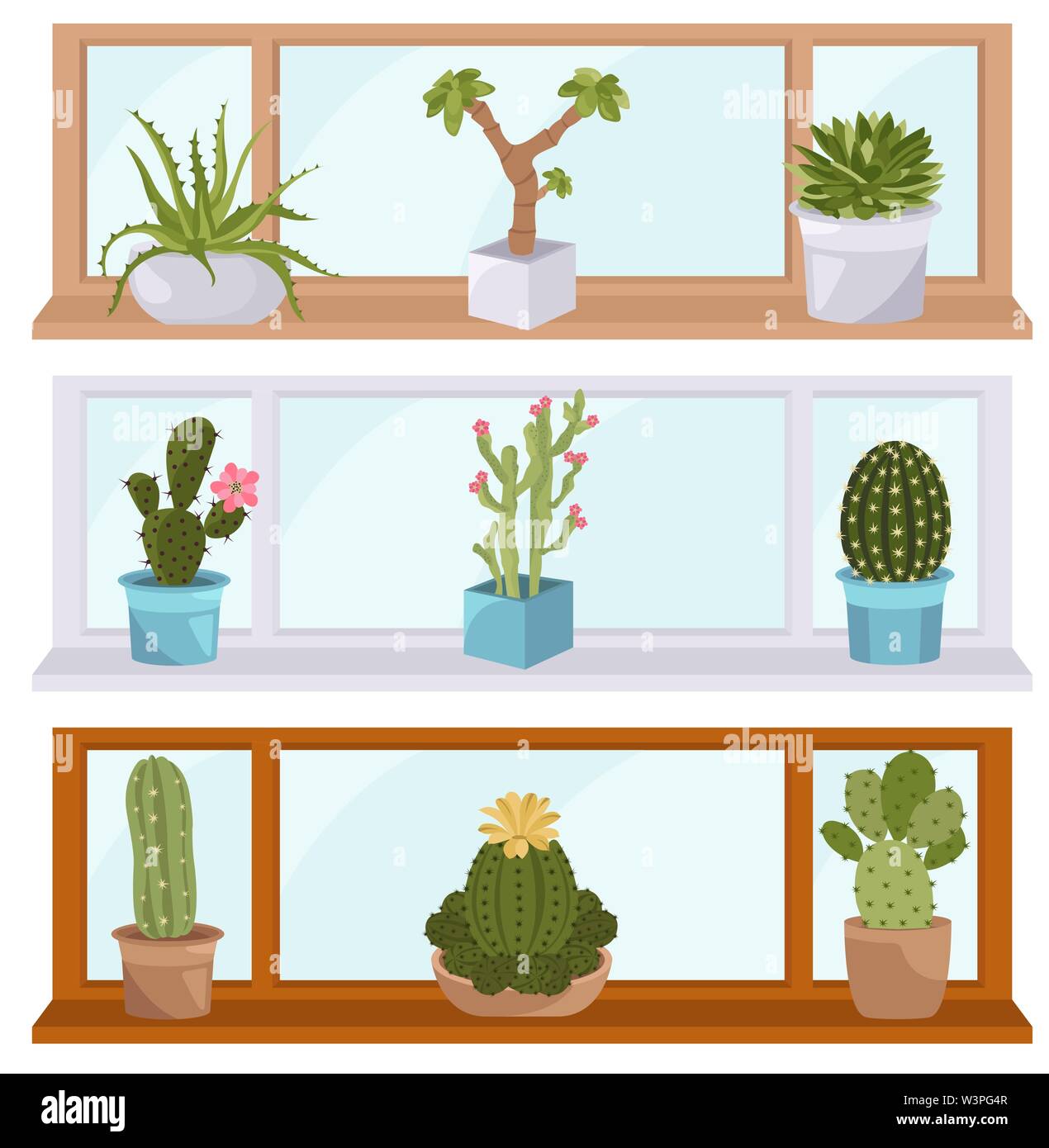 Cactuses and succulents icon set. Houseplants. Vector illustration Stock Vector