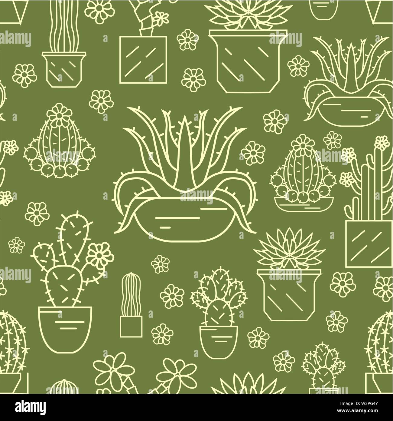 Cactuses and succulents seamless pattern. Thin line design. Houseplants. Vector illustration Stock Vector