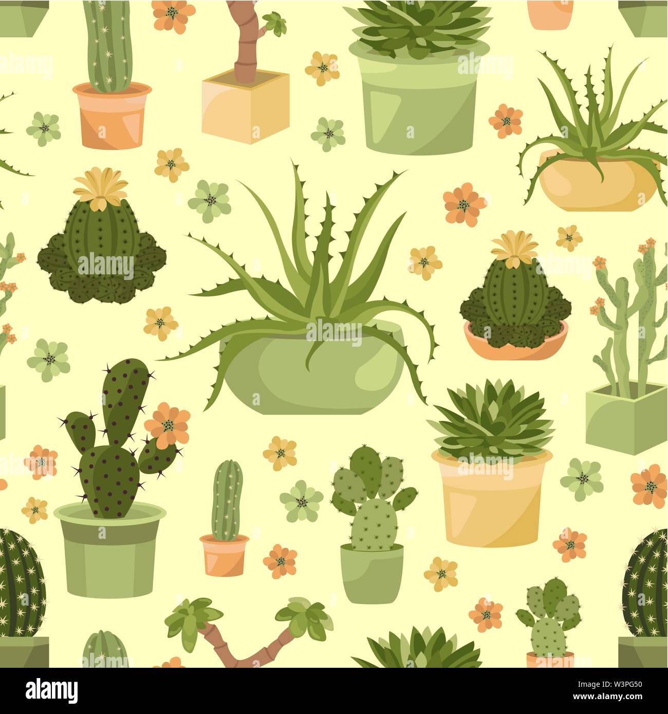 Cactuses and succulents seamless pattern. Houseplants. Vector illustration Stock Vector