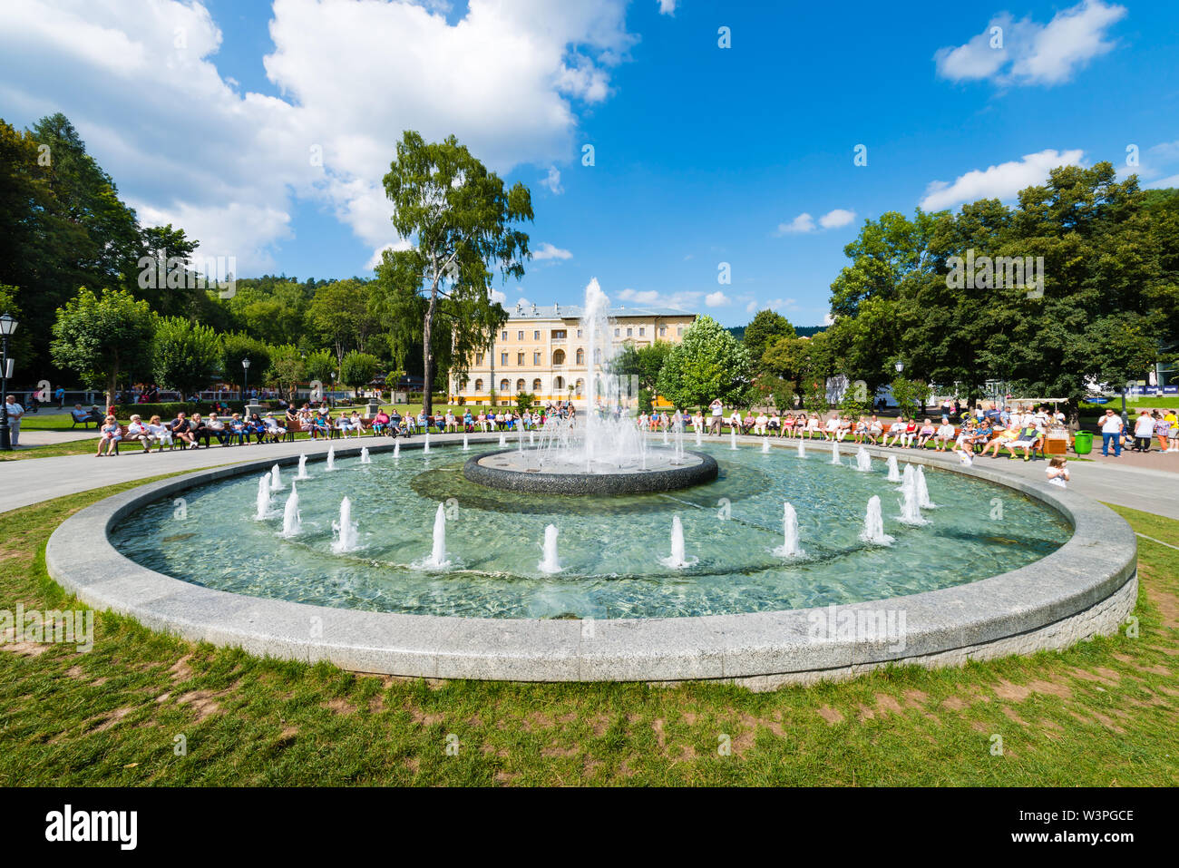 KRYNICA ZDROJ, POLAND - August 23, 2015: Multimedia fountain located in the center of the Krynica Promenade, next to the Old Spa House Stock Photo