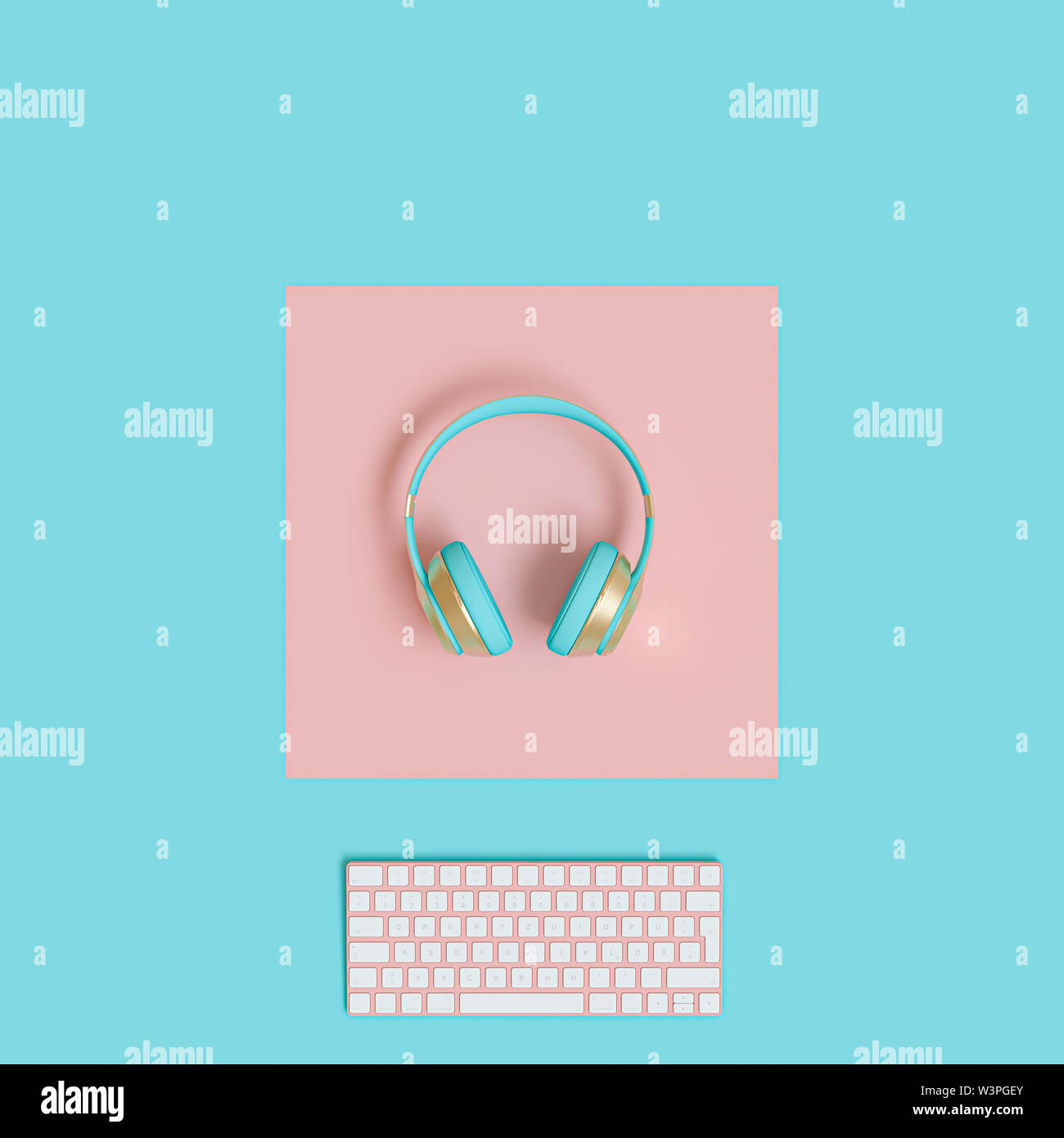modern gold and light blue audio headphones and computer keyboard on a two-color background in flat lay style. 3d image render Stock Photo