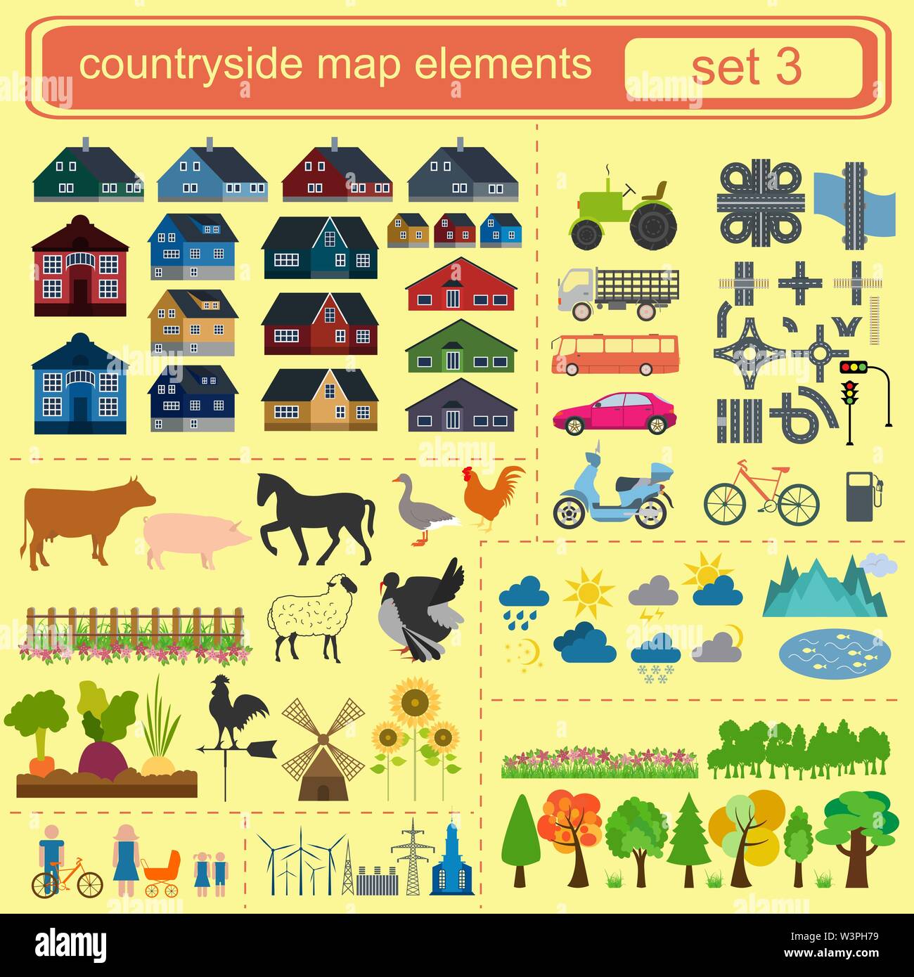 Contryside map elements for generating your own infographics, maps. Vector illustration Stock Vector
