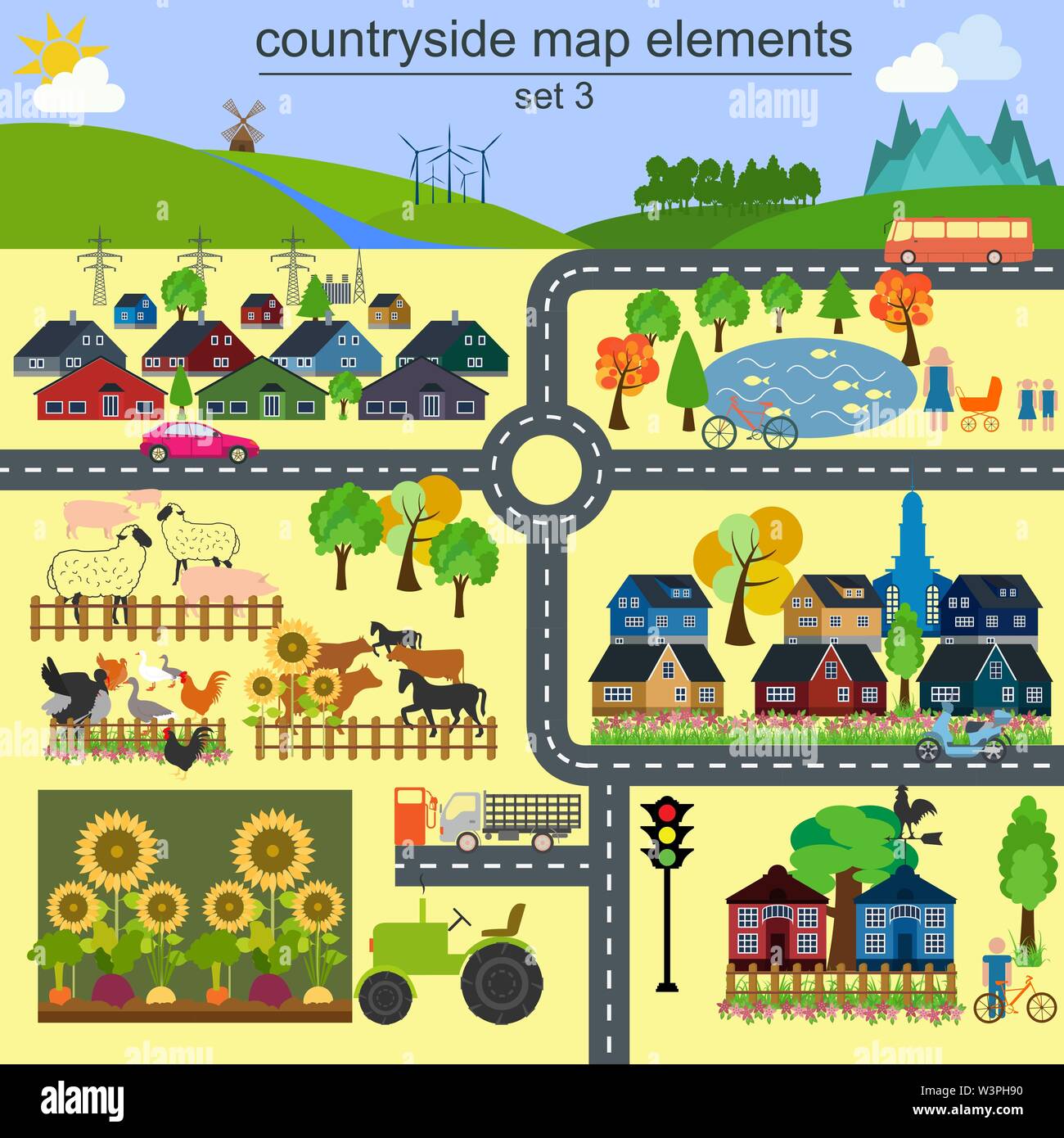 Contryside map elements for generating your own infographics, maps. Vector illustration Stock Vector