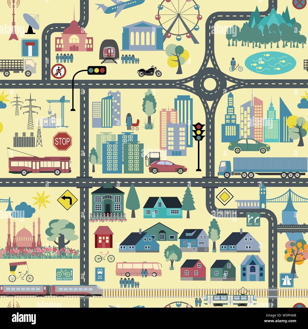 City map generator. City map example. Elements for creating your perfect  city. Colour version. Seamless pattern. Vector illustration Stock Vector  Image & Art - Alamy