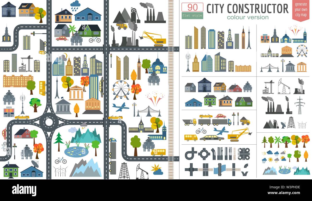 City map generator. City map example. Elements for creating your