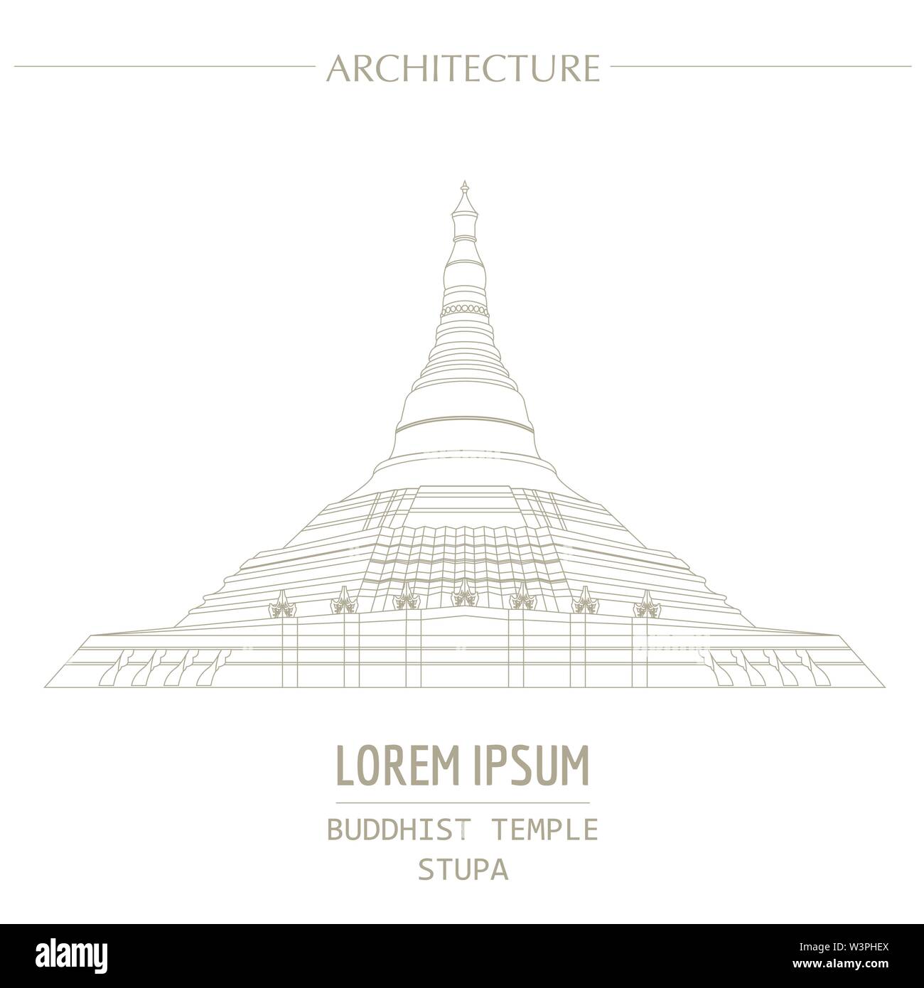 Cityscape graphic template. Modern city architecture. Vector illustration of Buddhist temple, stupa. City constructor. Template with place for text. O Stock Vector