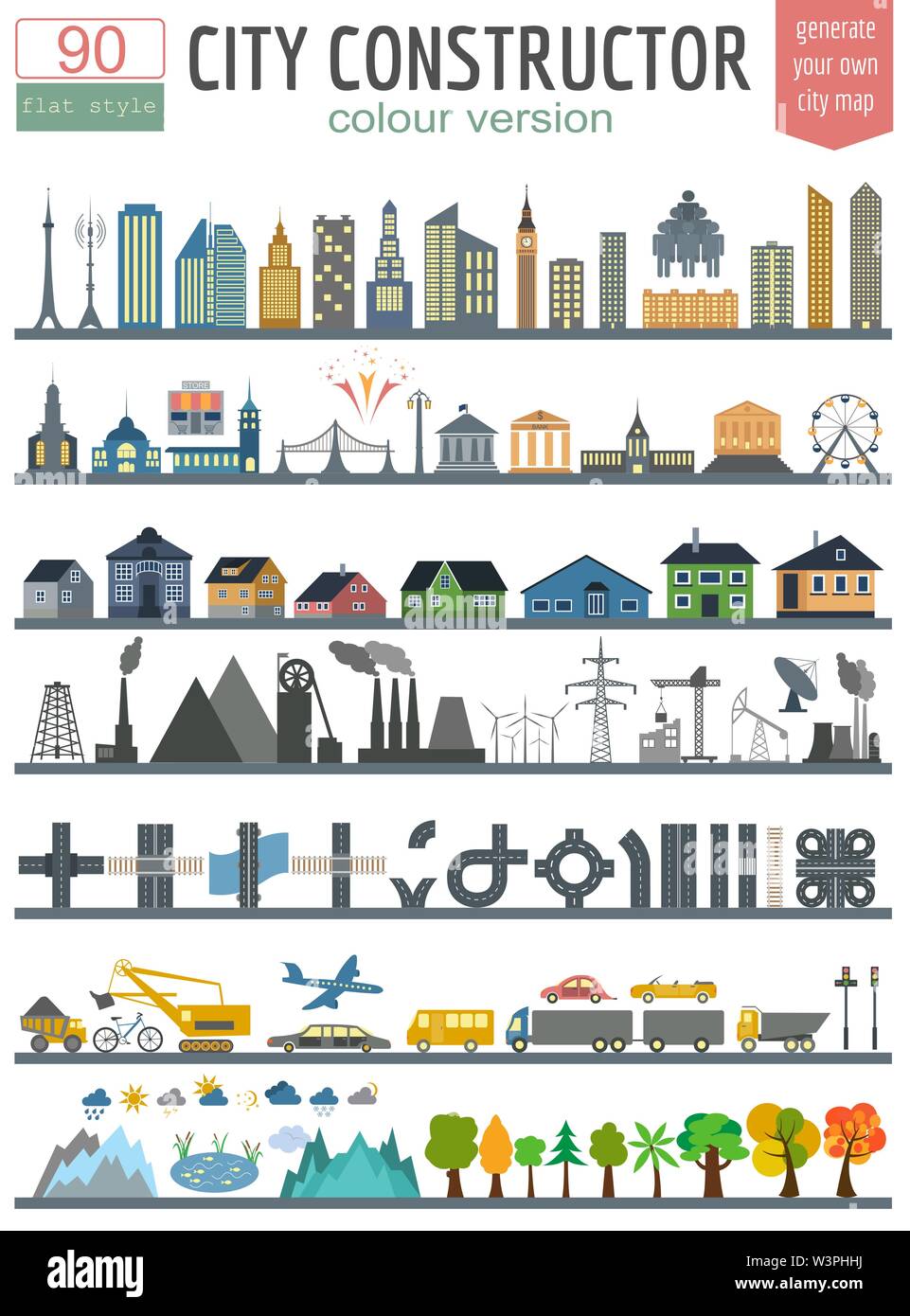 City map generator. Elements for creating your perfect city. Colour