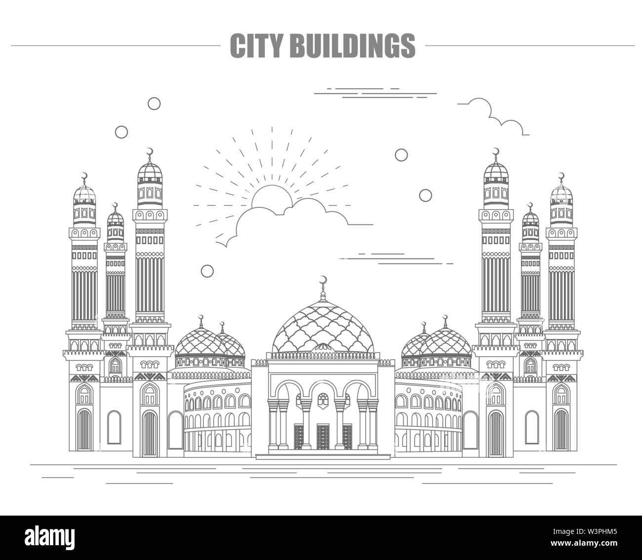 City buildings graphic template. Al Saleh mosque. Yemen. Vector illustration Stock Vector