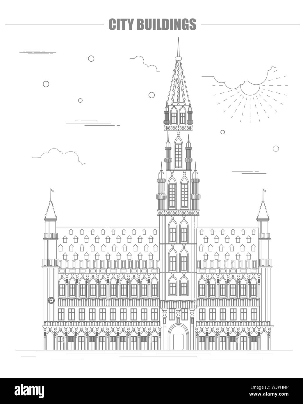 City buildings graphic template. Belgium town hall. Vector illustration ...
