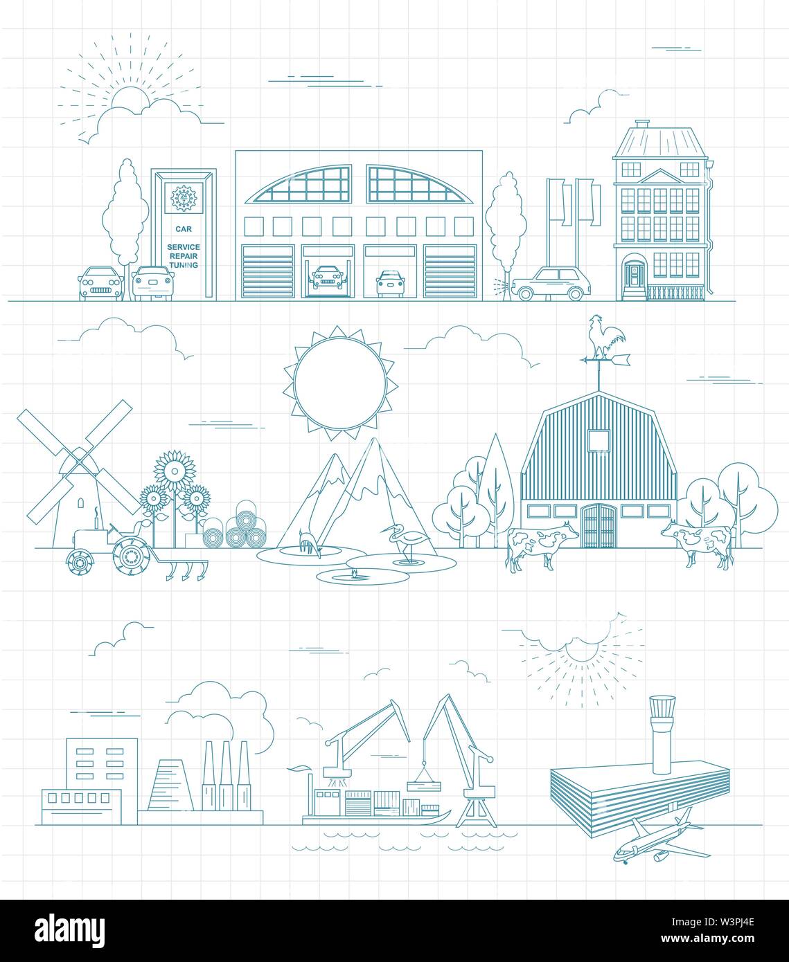 Great city map creator. Outline version. House constructor. House, cafe, restaurant, shop, infrastructure, industrial, transport, village and countrys Stock Vector