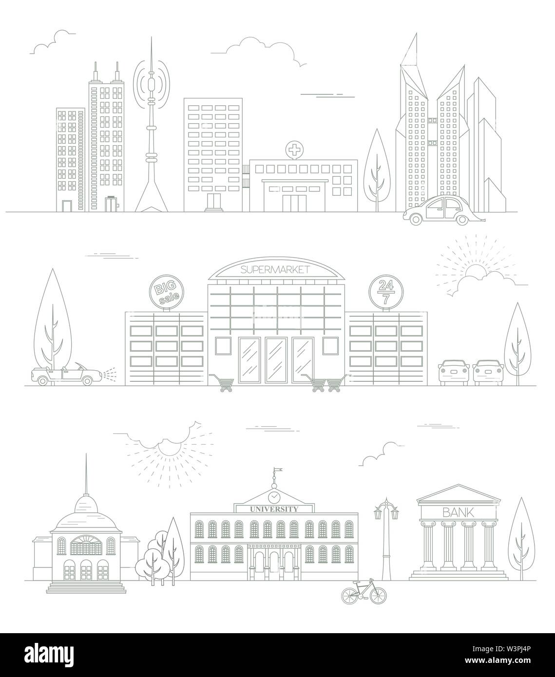 Great city map creator. Outline version. House constructor. House, cafe, restaurant, shop, infrastructure, industrial, transport, village and countrys Stock Vector