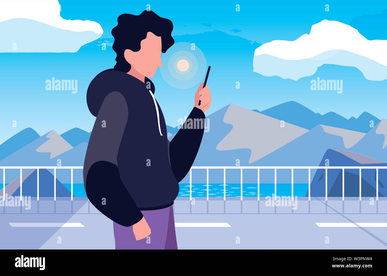 young man using smartphone social media vector illustration Stock ...