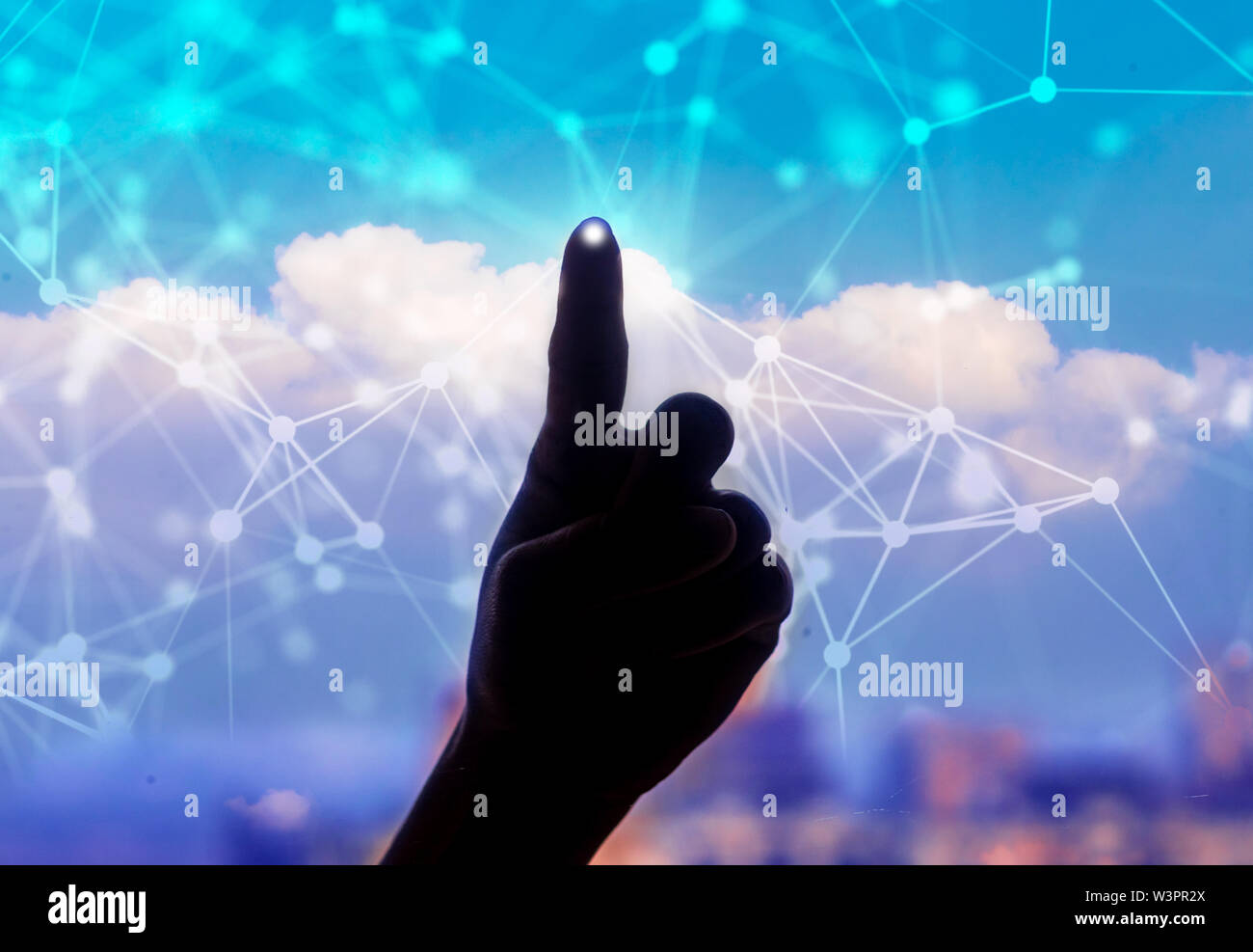 hand touching Futuristic Sci-Fi Technology Circular HUD Background Illustration. Worldwide Digital technology advancement Stock Photo