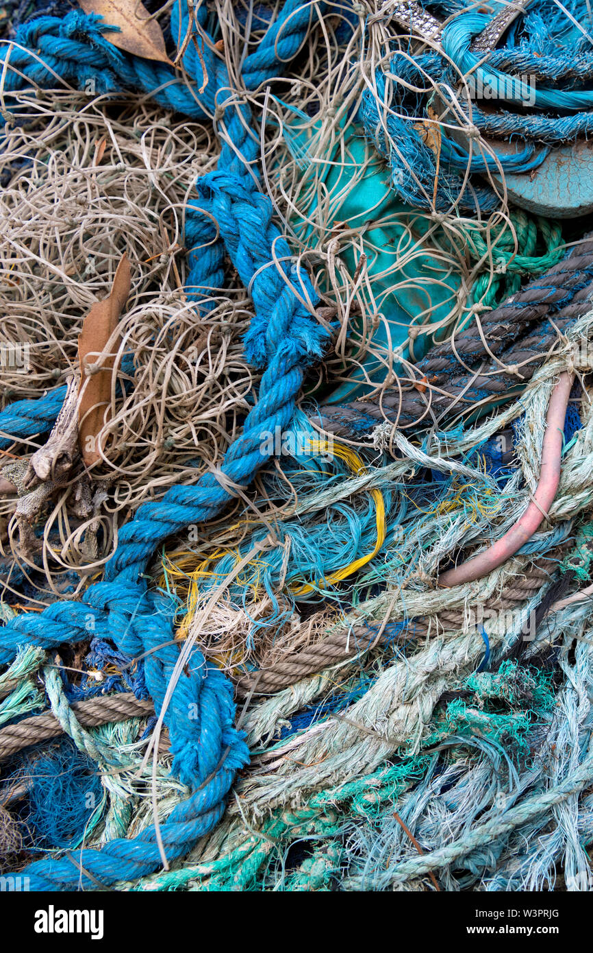 plastic and nylon rope and other marine debris collected from marine environment. Stock Photo