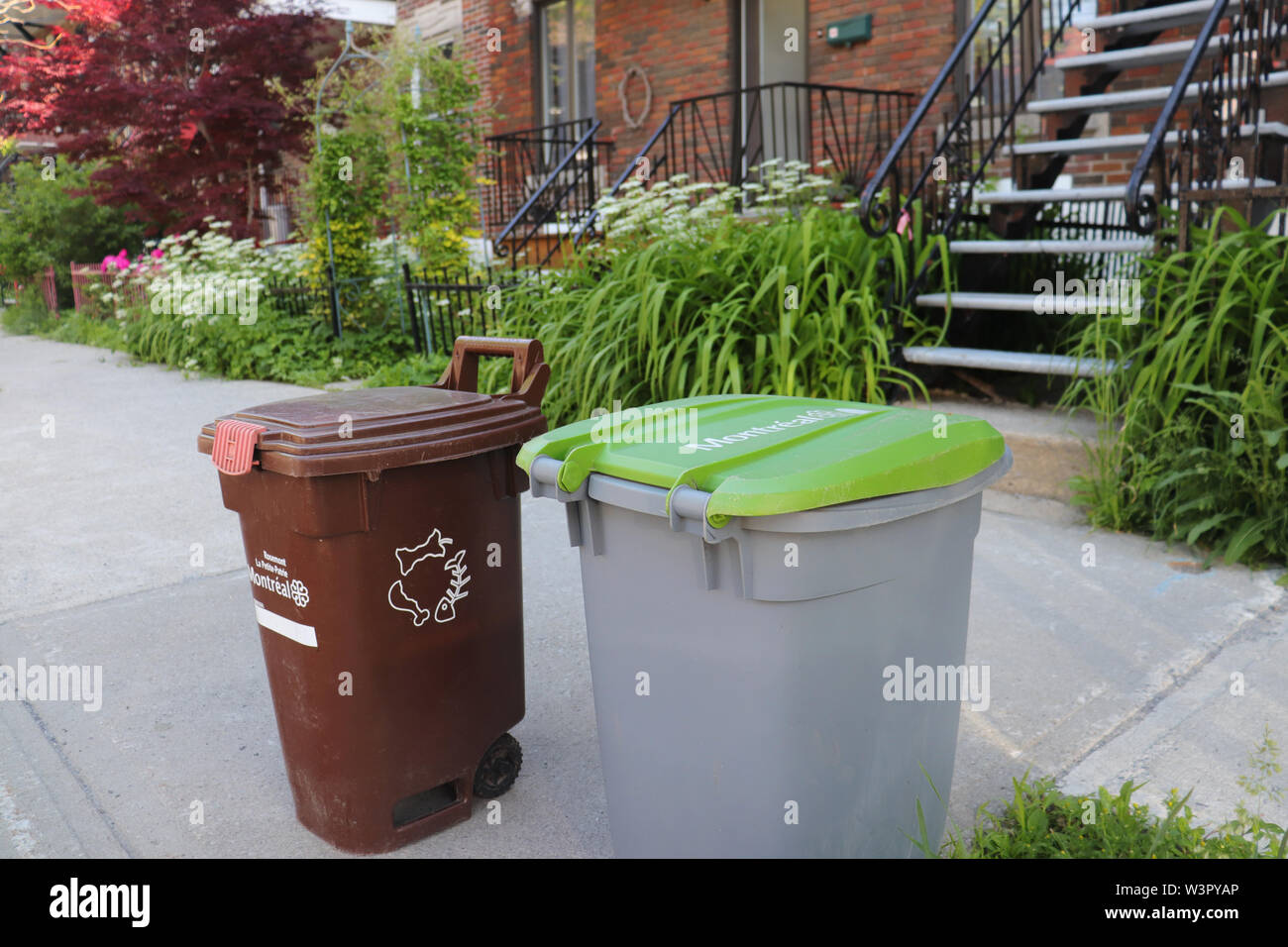 Brown Compost and Recycling Bins on a sidewalk during collection day in Montreal, Rosemont