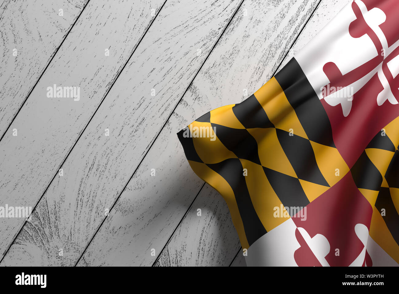 3d rendering of an American Maryland State flag on a wooden surface ...