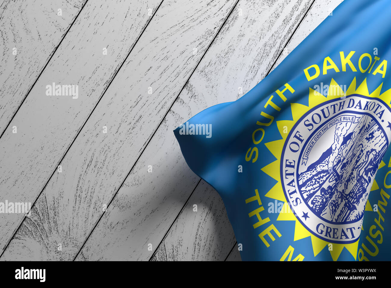 3d rendering of an American South Dakota State flag on a wooden surface Stock Photo