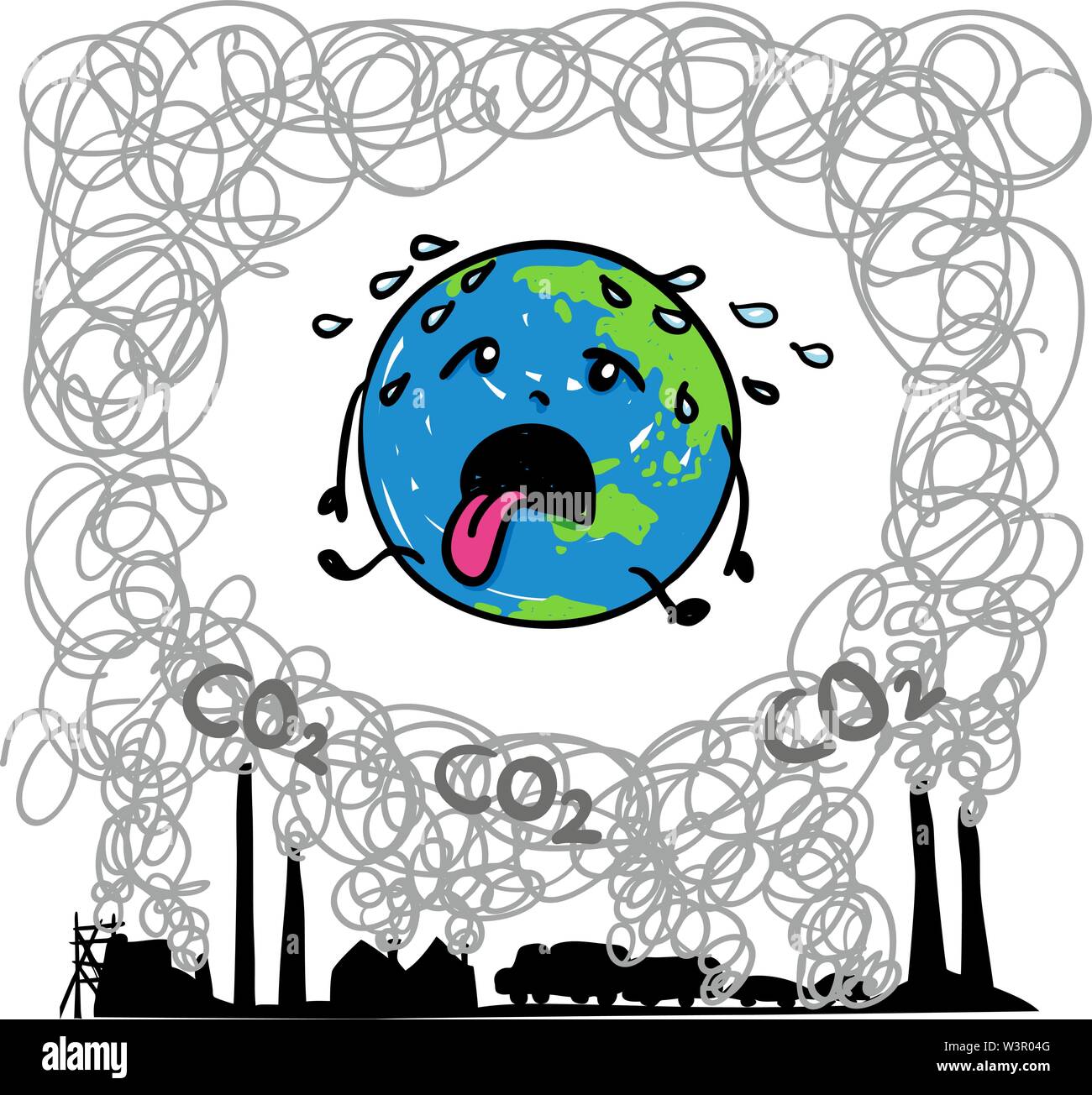 Earth globe suffering under global warming melting away in midst of carbon dioxide - hand drawn vector cartoon Stock Vector