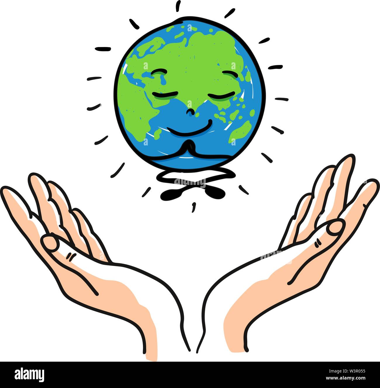 Happy smiling meditating and enlightened earth globe for Happy Earth Day -  hand drawn vector illustration Stock Vector Image & Art - Alamy