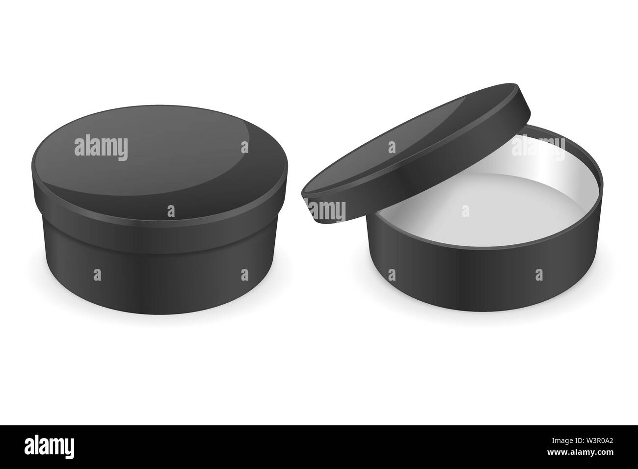 Round black hat box. Open and closed empty carton. Vector illustration Stock Vector