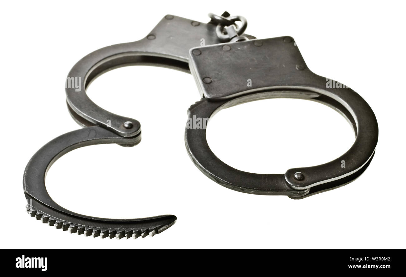 Steel police handcuffs on white background Stock Photo Alamy
