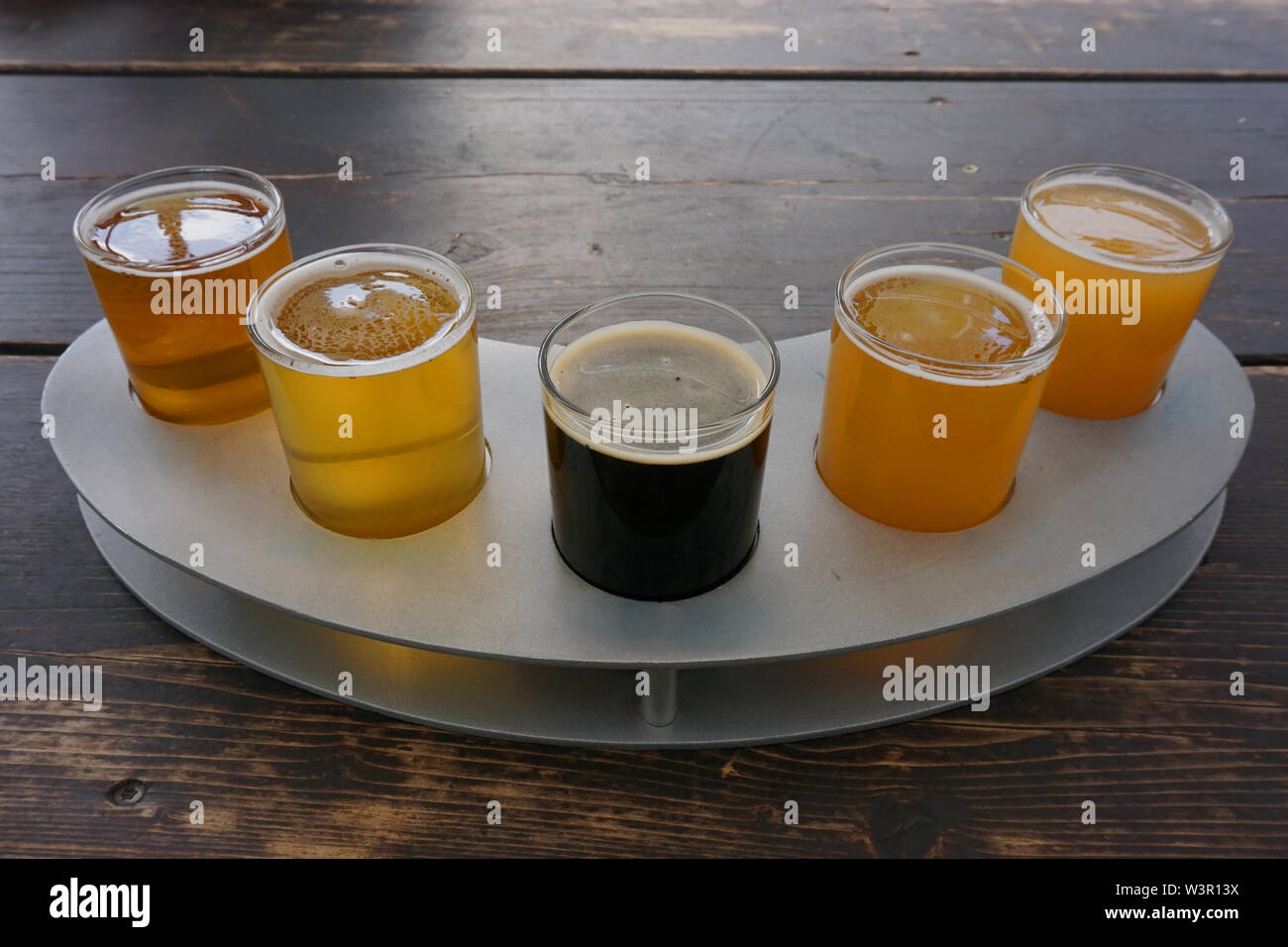 A flight of craft beers Stock Photo