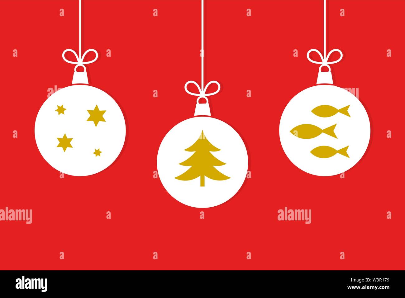 Three Christmas hanging balls ornaments on red background. Vector ...