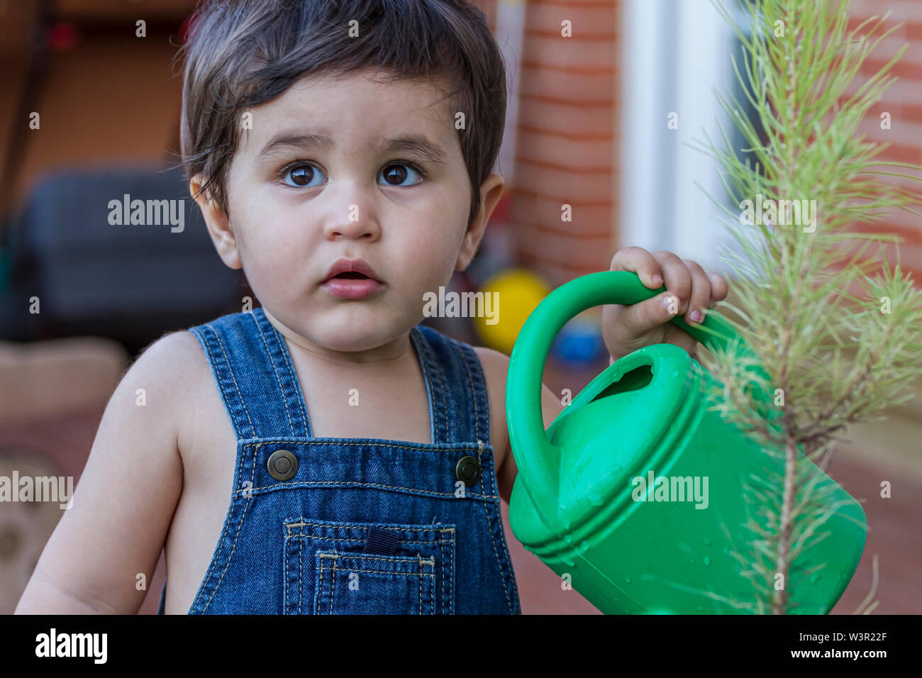 little gardener in a garden of a house with a small green watering can