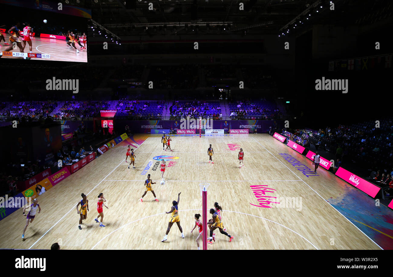 General view of match action during the Netball World Cup match at the M&S Bank Arena, Liverpool. Stock Photo