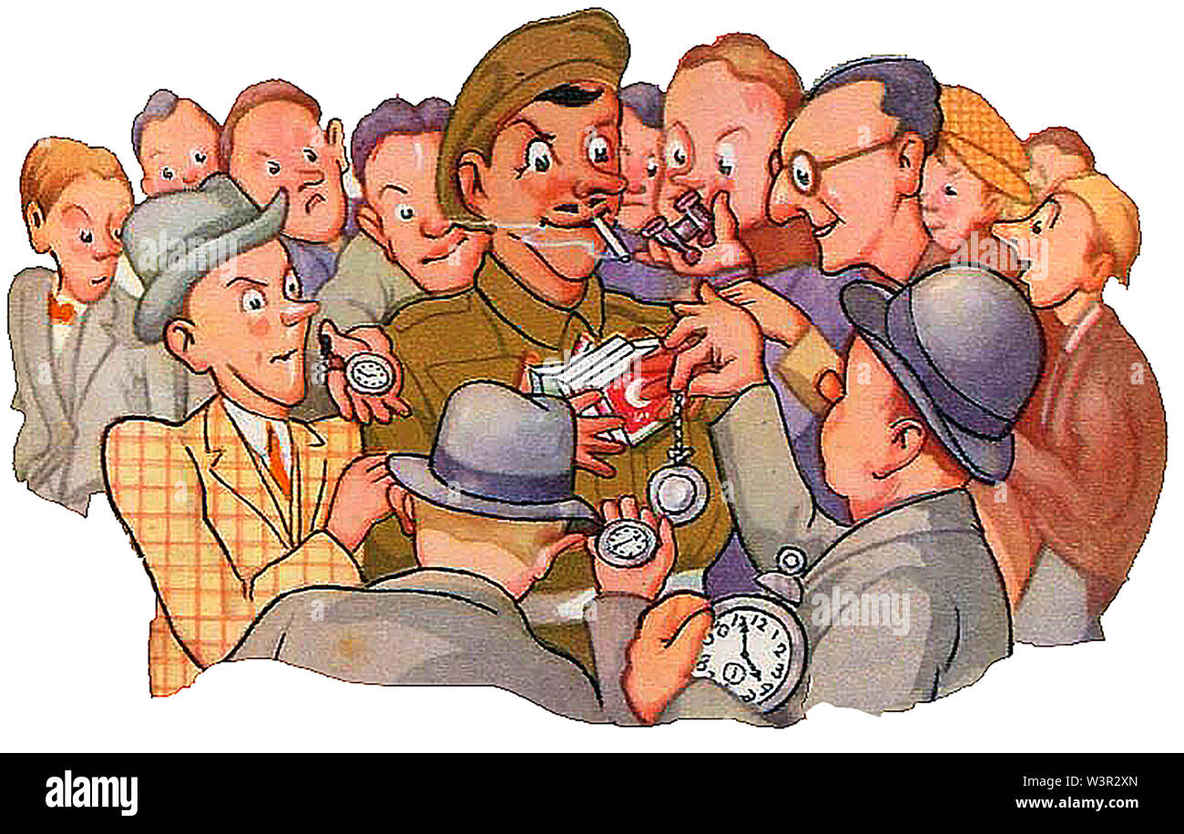 WWII coloured cartoon showing a soldier trading black market goods with a group of men including spivs who would sell illicit goods on at a profit Stock Photo