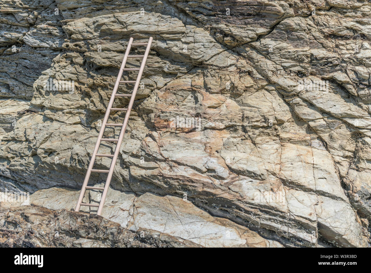Small wood toy ladder propped against cliff face. Metaphor climbing