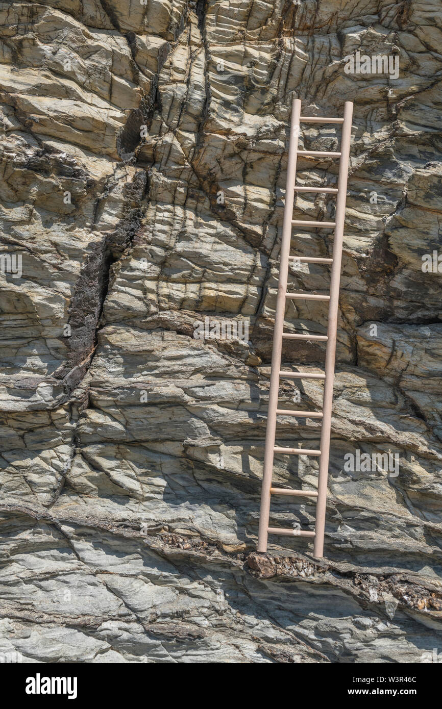 Small wood toy ladder propped against cliff face. Metaphor climbing