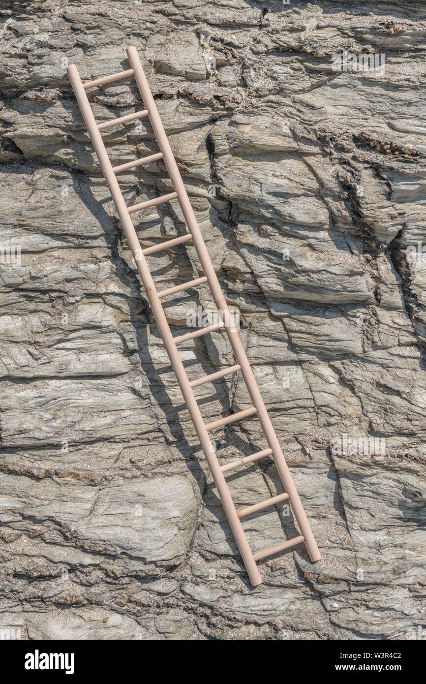Small wood toy ladder propped against cliff face. Metaphor climbing
