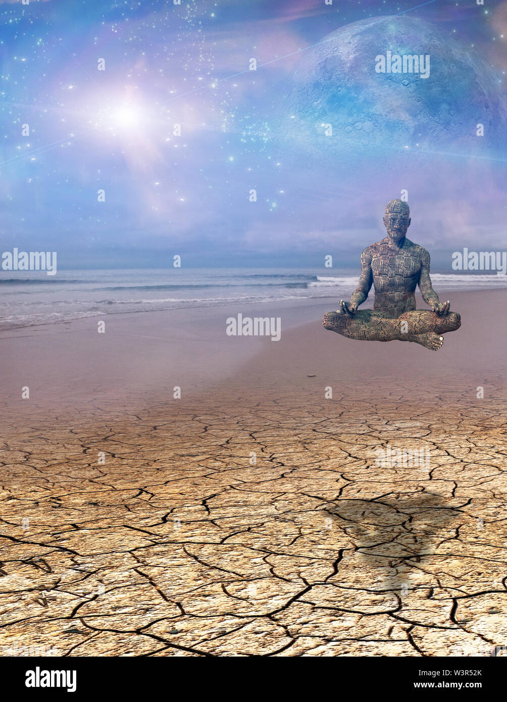 Cyborg meditate on a ocean shore Stock Photo