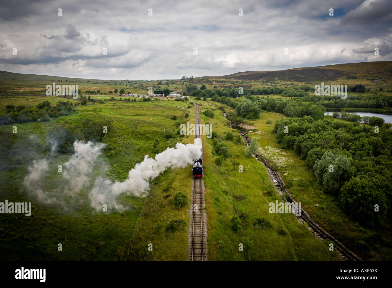 Aerial view of Landscape with steam train of the heritage railway in