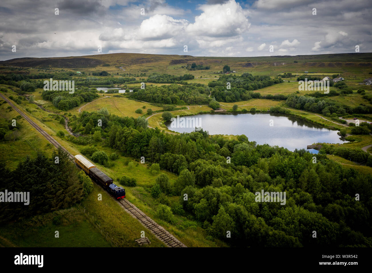 Aerial view of Landscape with steam train of the heritage railway in
