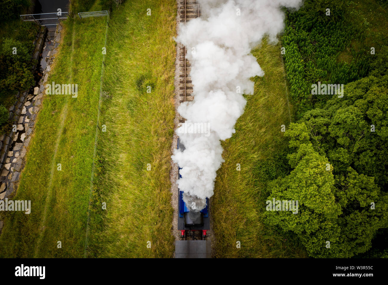 Aerial view of Landscape with steam train of the heritage railway in